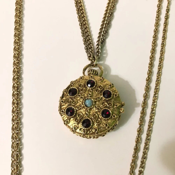 Vintage Goldette NY Pocket Necklace Long Chain Layered Victorian Style - Picture 1 of 12